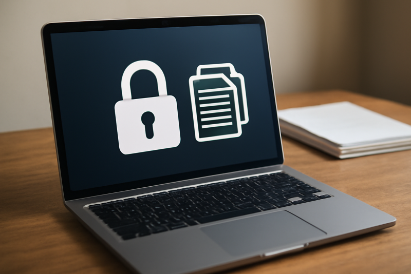 ordinateur avec icone cadenas et documents