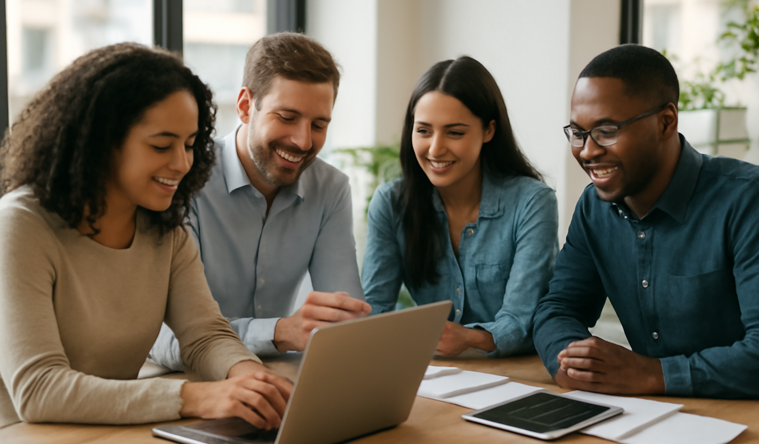 équipe travaillant sur outils collaboratifs dans bureau