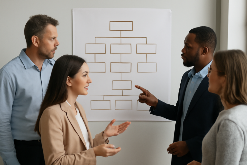 equipe debatant autour d'un organigramme affiche