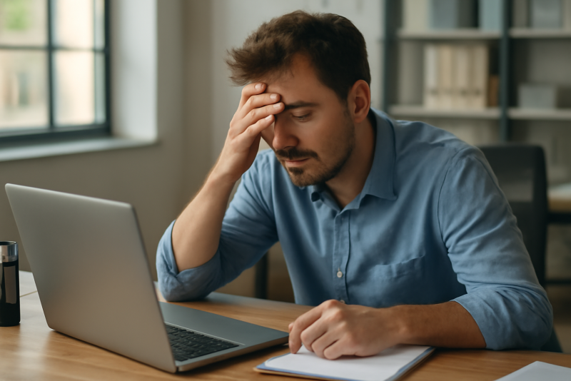 collaborateur visiblement fatigue travaillant a son bureau