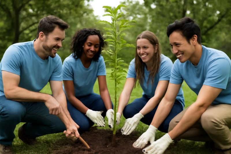 equipes plantant arbre lors evenement d'entreprise