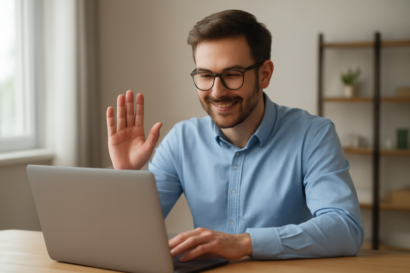 employe en visio avec ordinateur portable