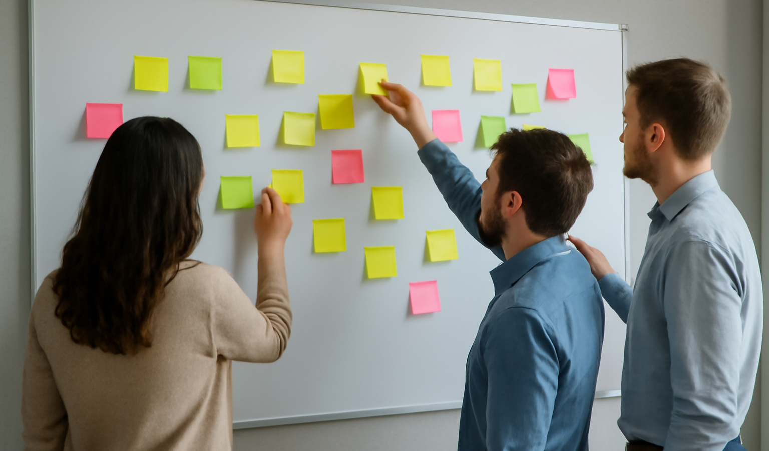 personnes collant notes sur un grand tableau blanc