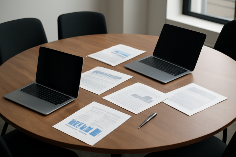 table ronde avec documents et ordinateurs portables