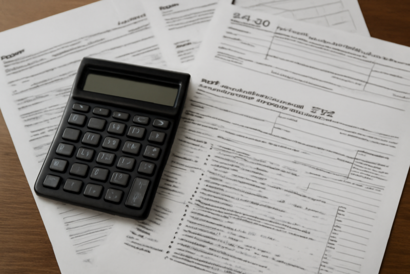 table avec documents fiscaux et calculatrice