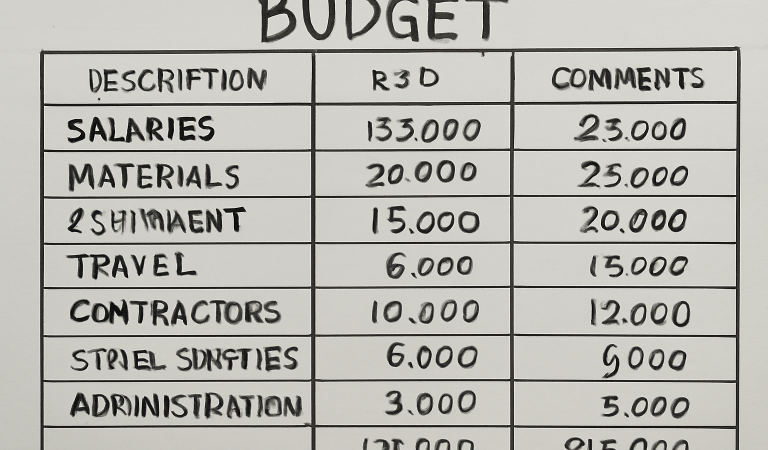 tableau budgétaire avec colonnes dépenses R&D