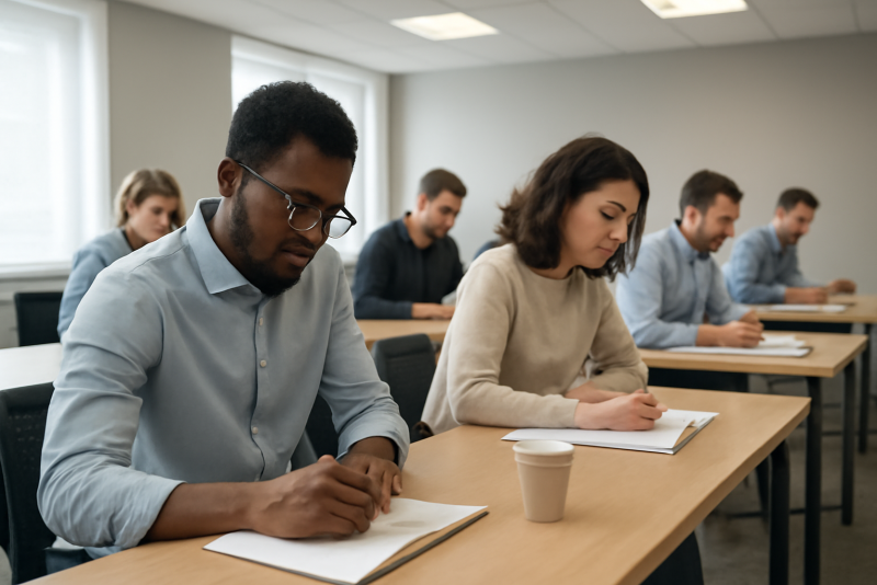 salle de formation avec participants prenant notes
