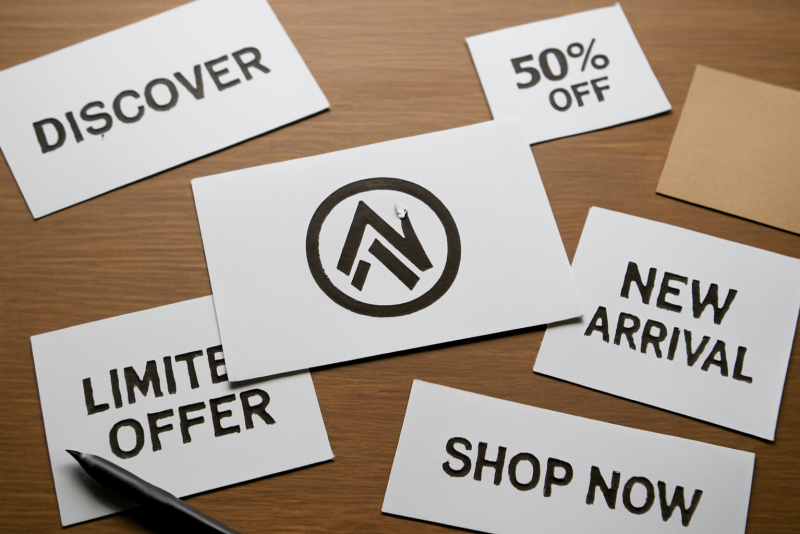 logo et messages marketing disperses sur table