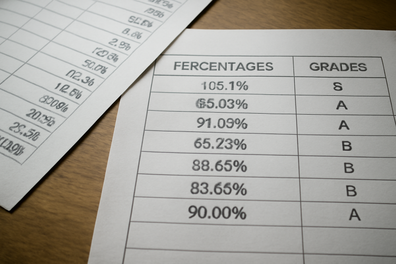 feuilles de calcul avec pourcentages et notes
