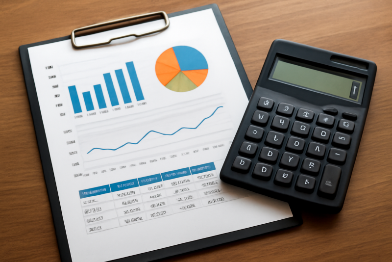 tableau financier avec graphiques et calculatrice