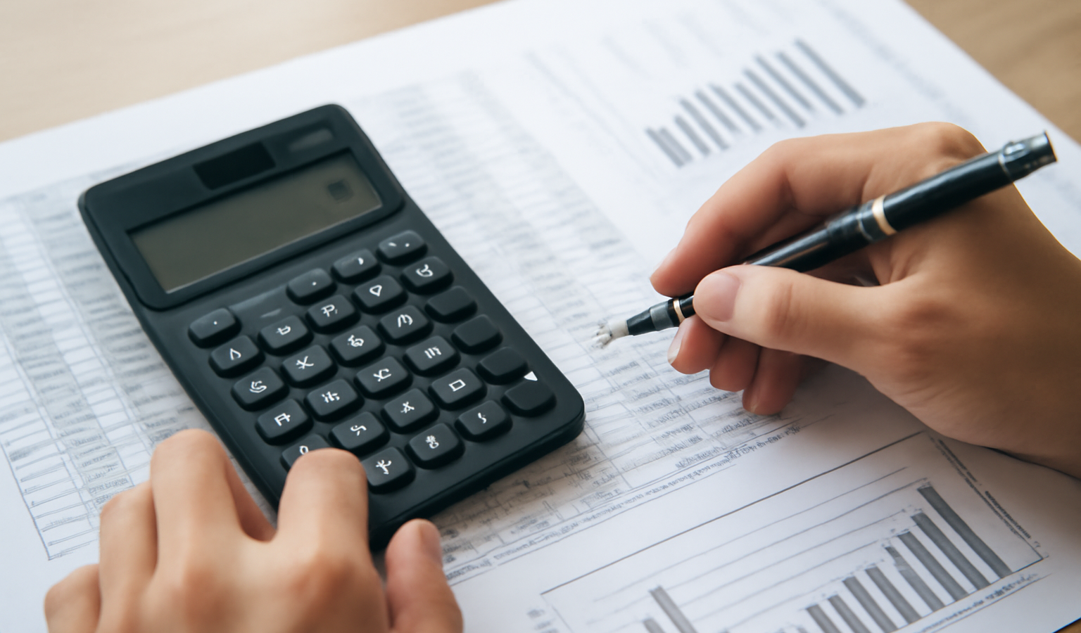 mains calculant chiffres et tableaux financiers