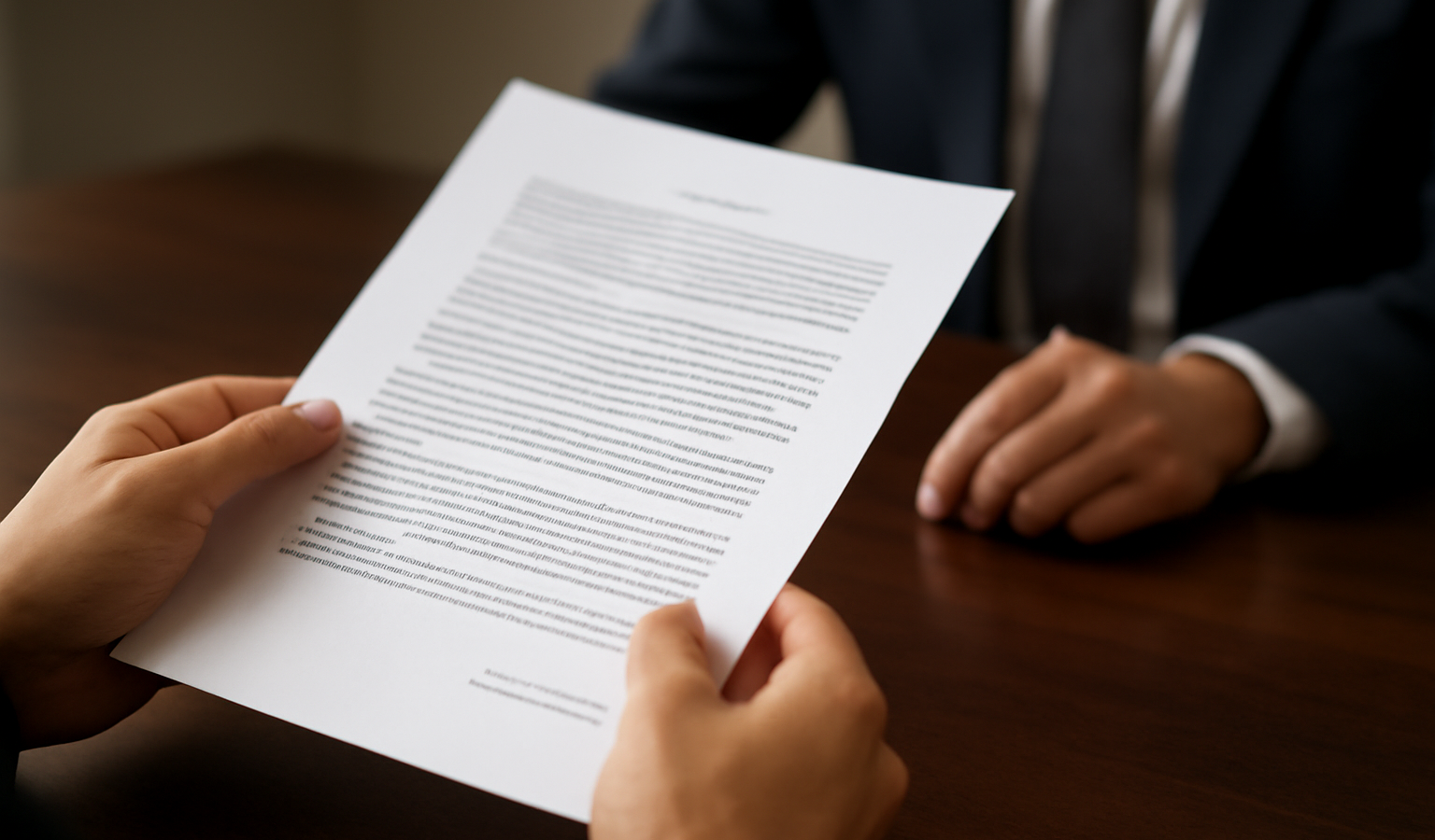 mains tenant un document avec signataire en arrière-plan