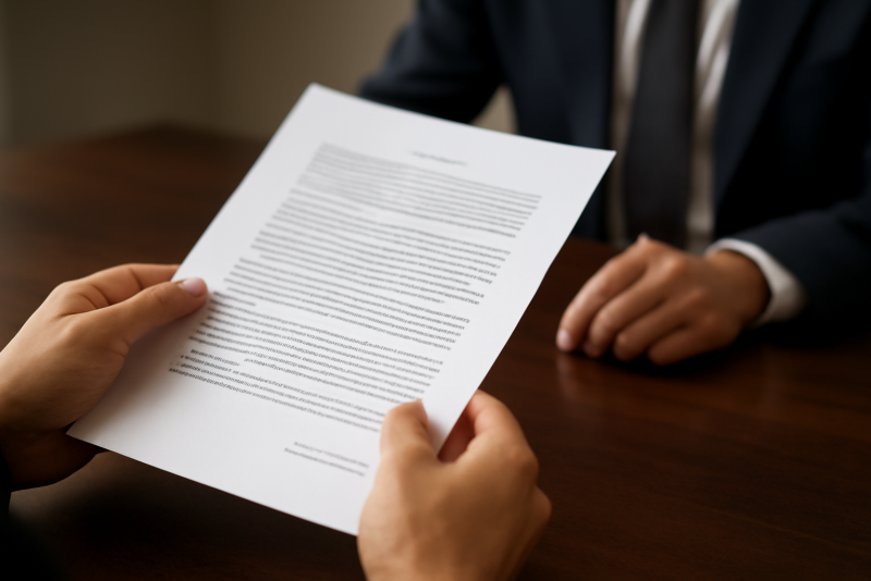 mains tenant un document avec signataire en arrière-plan
