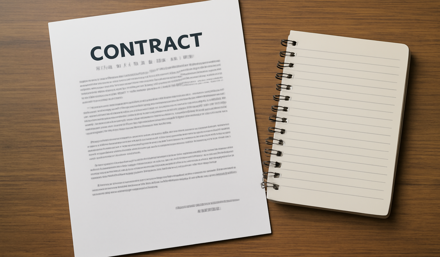 contrat et cahier de notes posés sur table