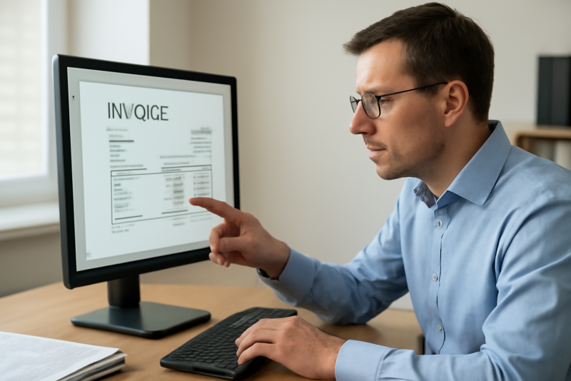 comptable analysant factures sur ecran