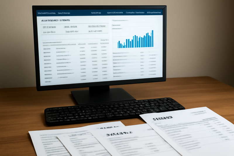 écran affichant logiciel de comptabilité et factures