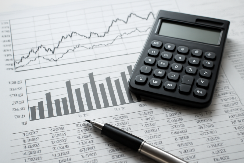 tableau financier avec courbes et calculatrice