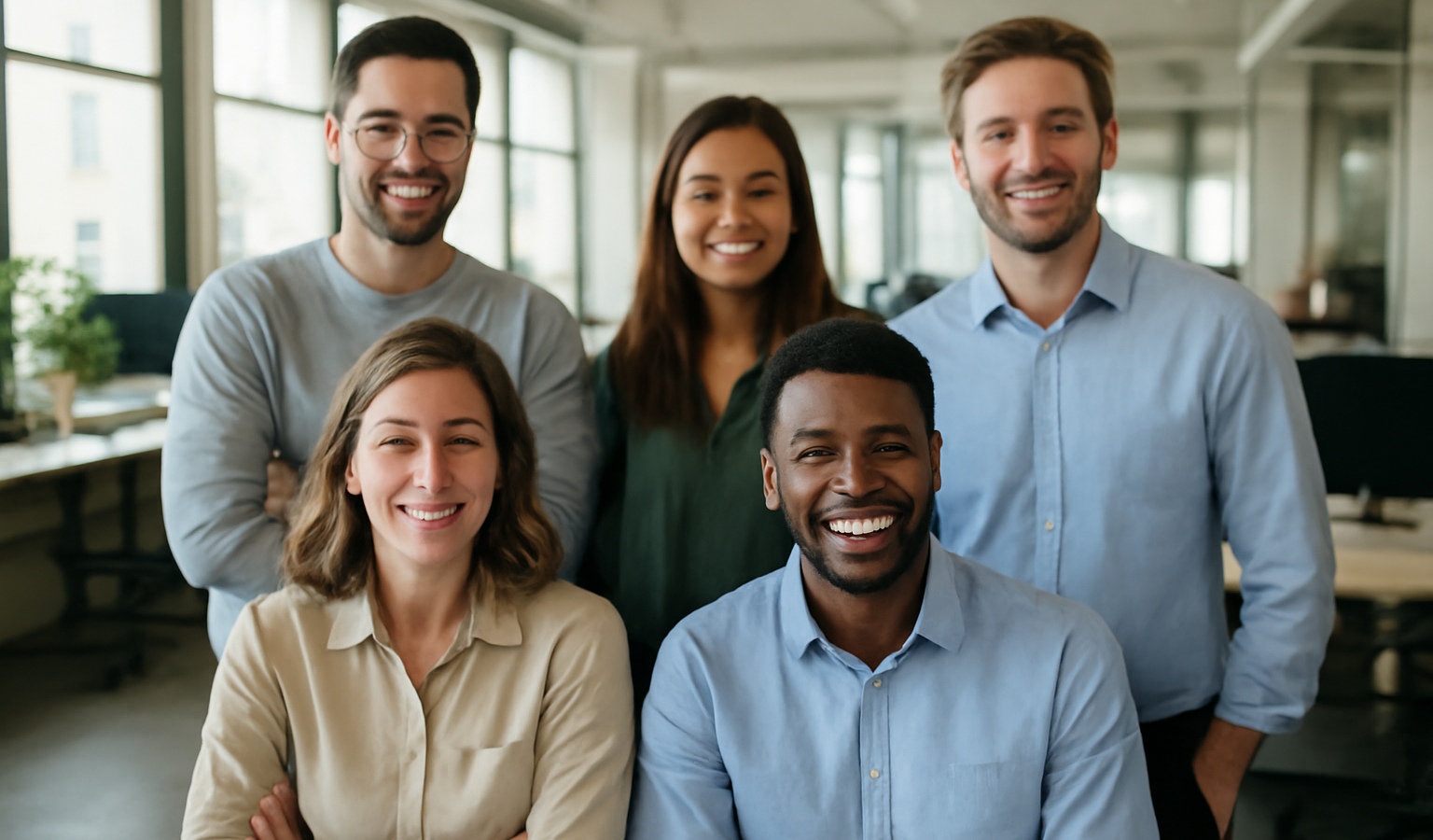 groupe de collaborateurs souriants en open space