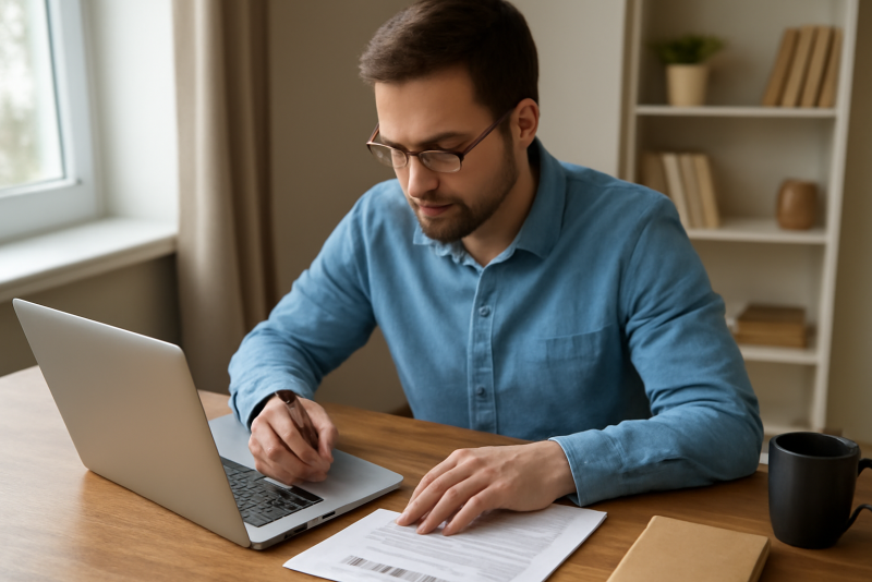employé travaillant à domicile avec contrat posé