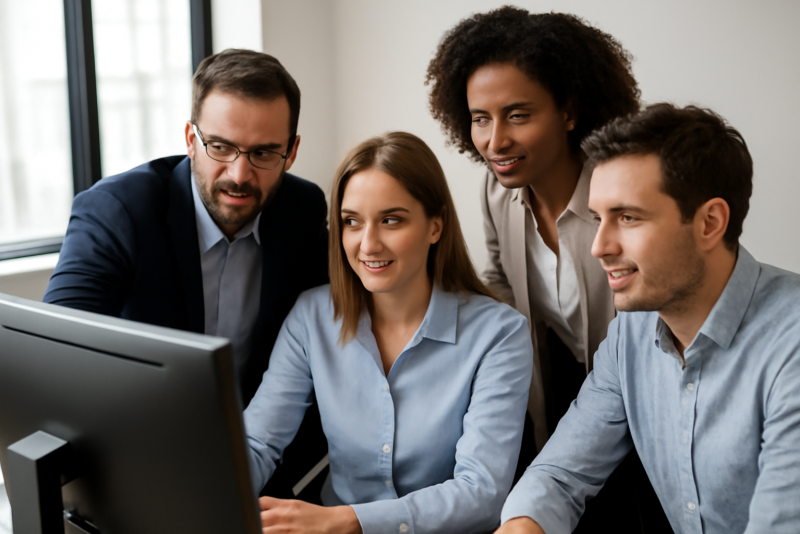 équipe consultant CRM autour d'un écran