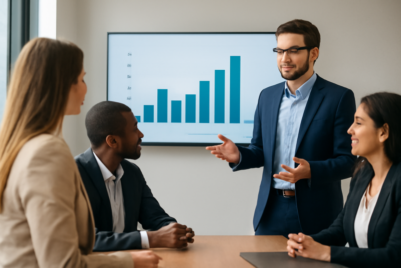 equipe commerciale discutant devant ecran