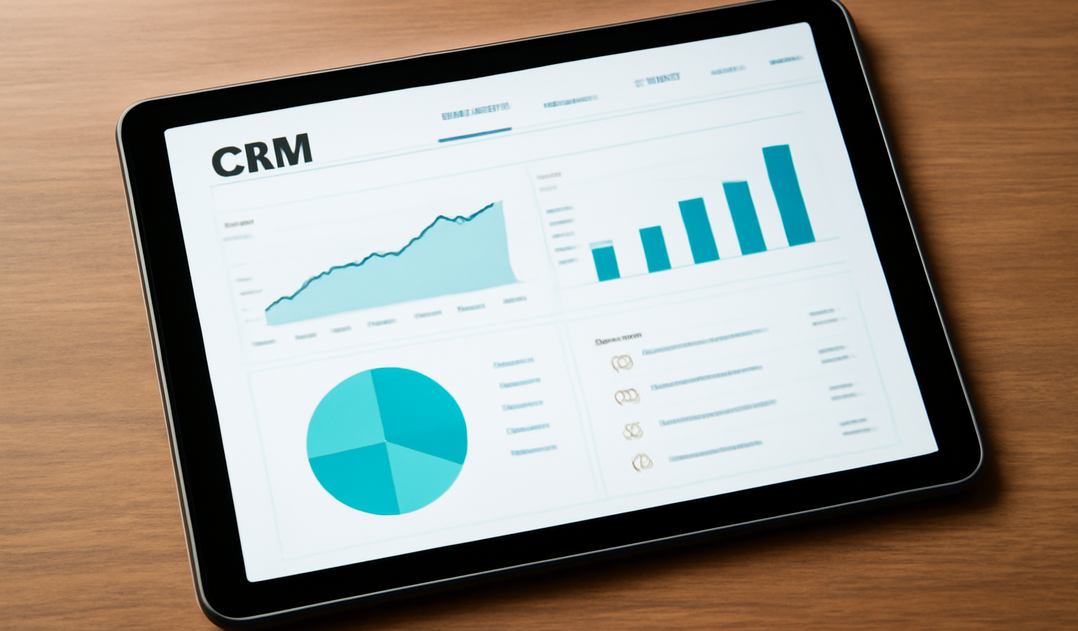 tablette affichant interface crm generique avec graphiques