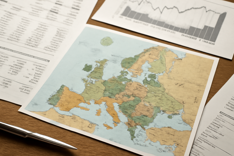 carte d'europe posée sur table avec documents financiers