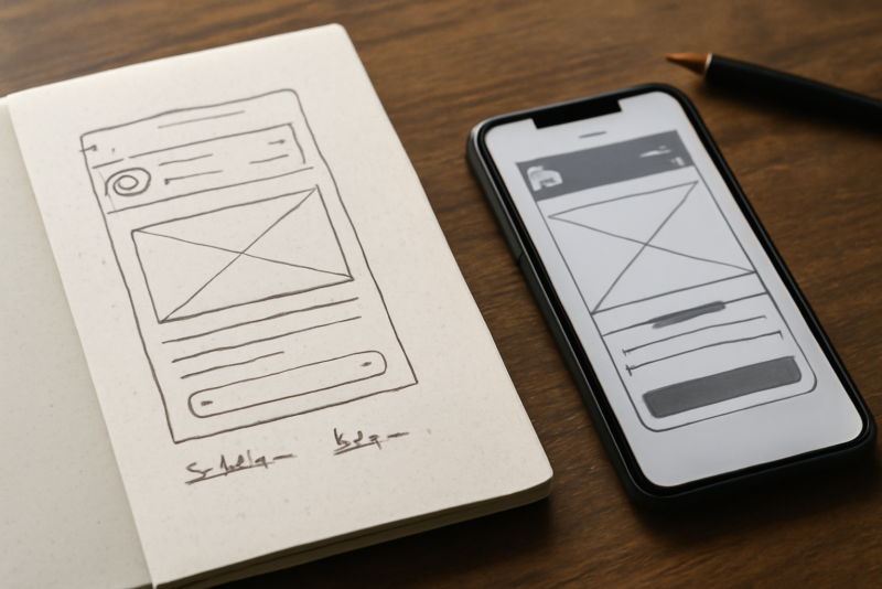 manuscrit et prototype poses sur bureau