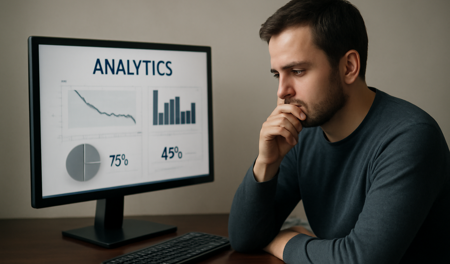 ecran avec analytics faible et personne penseuse