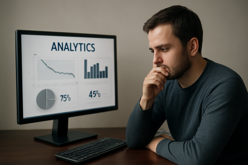 ecran avec analytics faible et personne penseuse