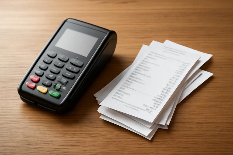 terminal de paiement numérique et factures sur table
