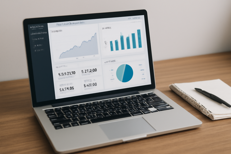 ordinateur montrant dashboard financier et notes