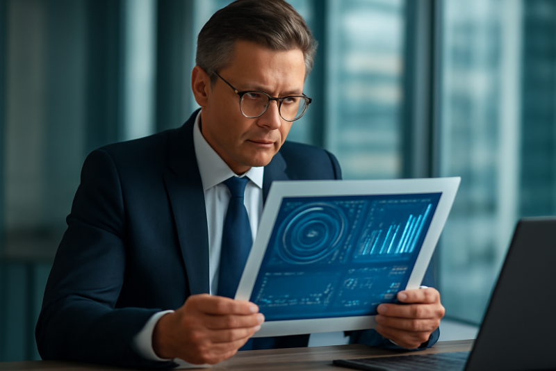 executif lisant rapport avec graphiques futuristes