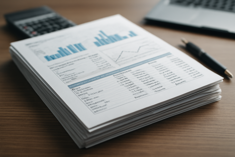 documents financiers empilés sur bureau