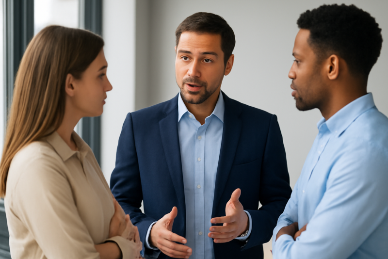 manager discutant avec deux collaborateurs debout