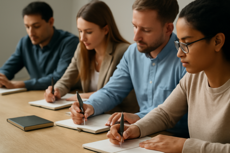 participants autour d'une table prenant des notes