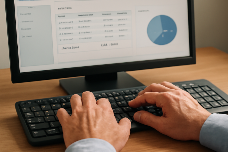 main sur clavier et logiciel de compta