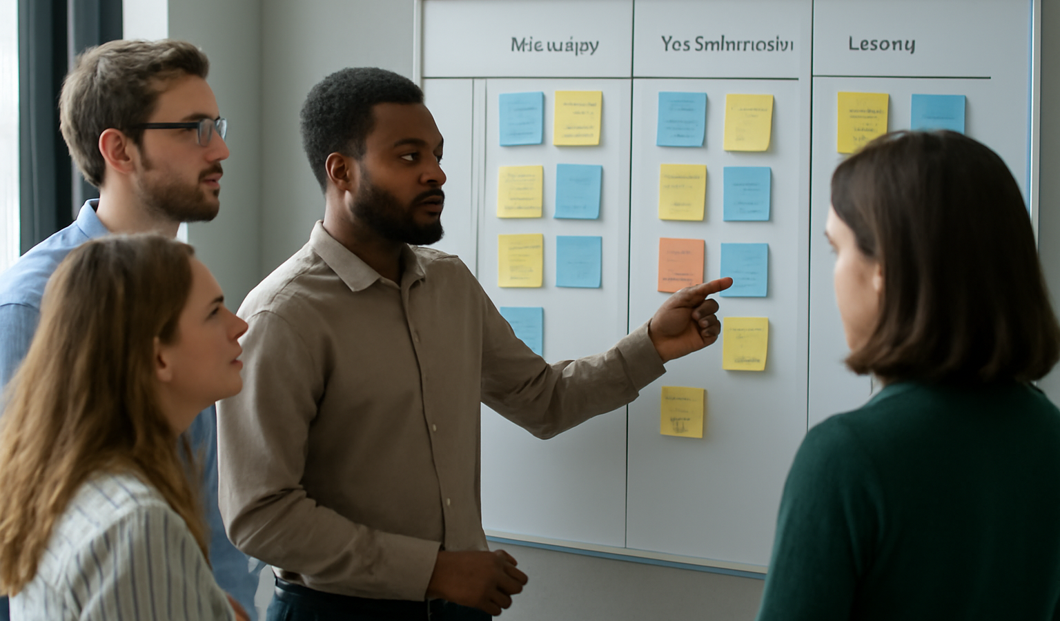 equipe projet reunie autour d'un tableau de planification