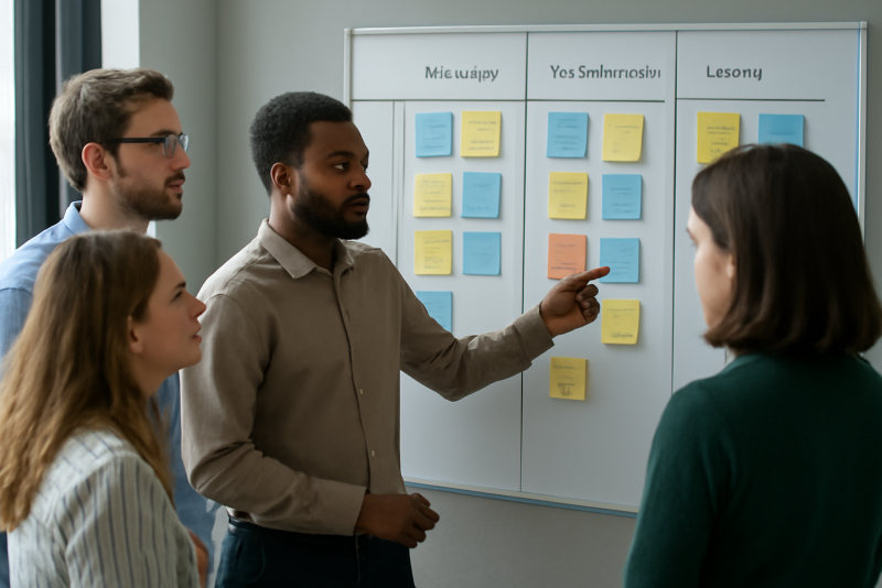equipe projet reunie autour d'un tableau de planification