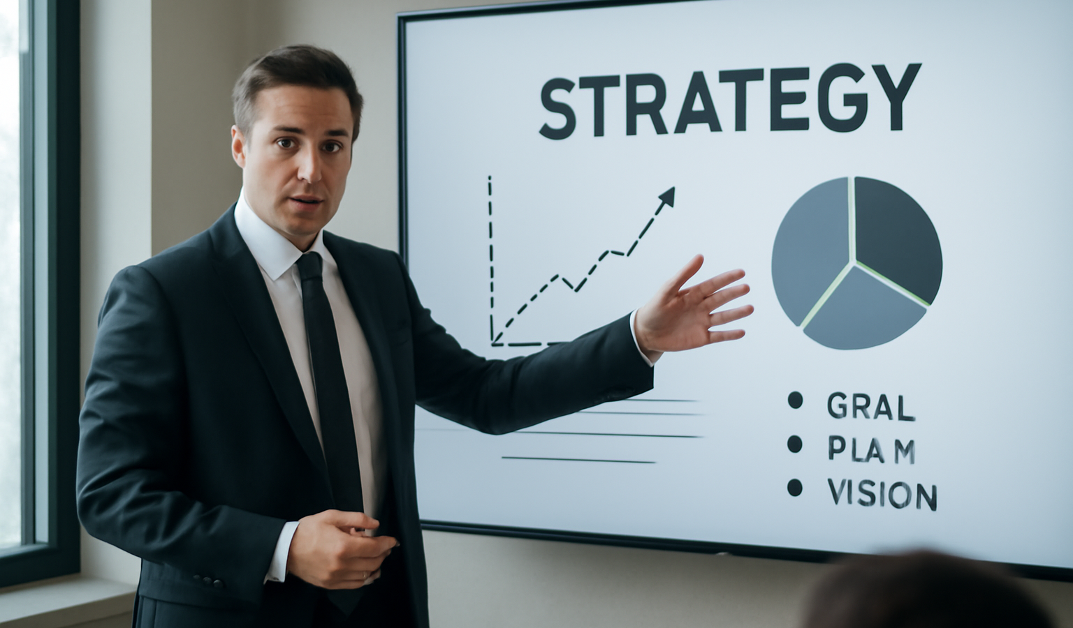 dirigeant présentant stratégie sur grand écran
