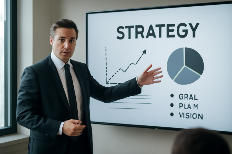 dirigeant présentant stratégie sur grand écran