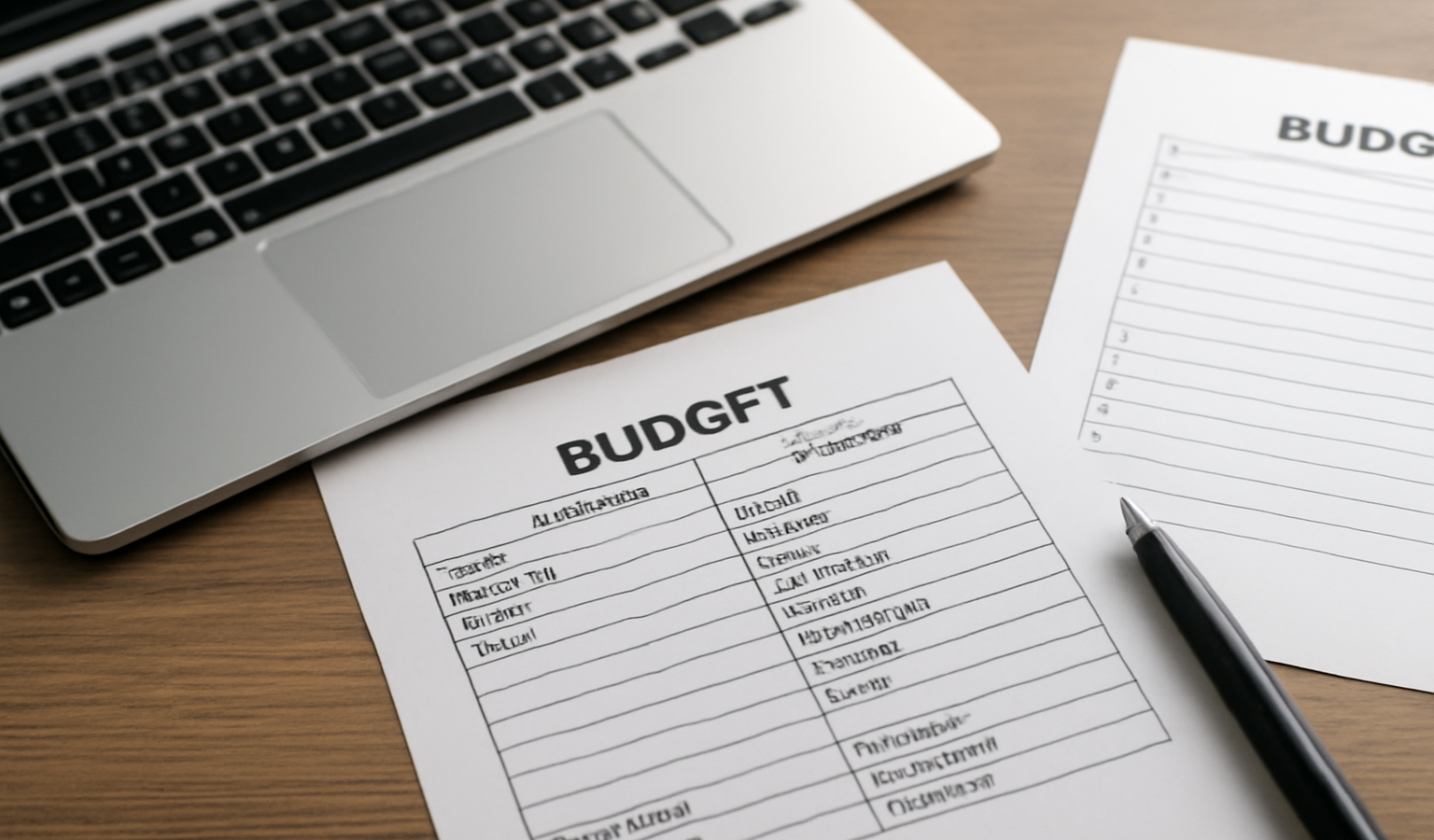 table avec feuilles de budget et laptop