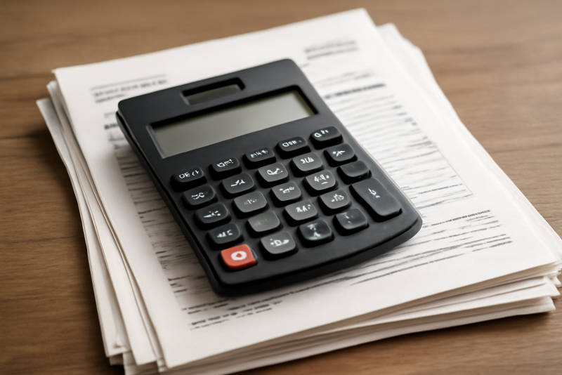 calculatrice posée sur factures empilées