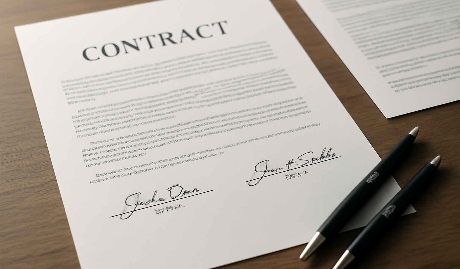 contrat signé avec stylos et notes juridiques