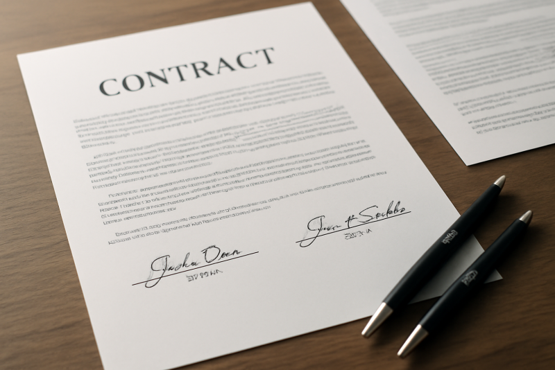 contrat signé avec stylos et notes juridiques