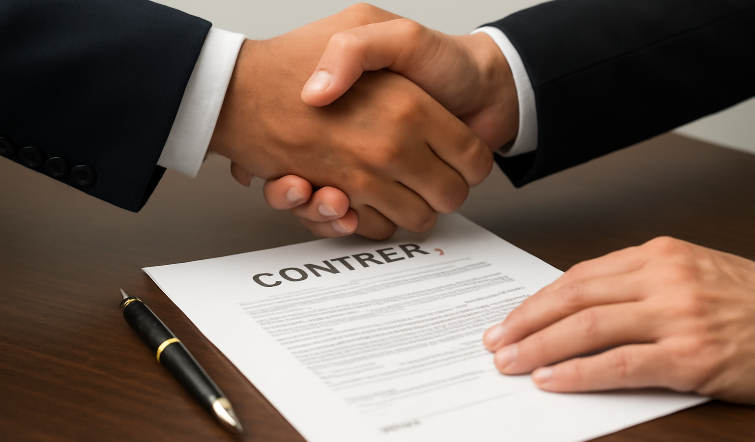 mains serrant un contrat sur bureau
