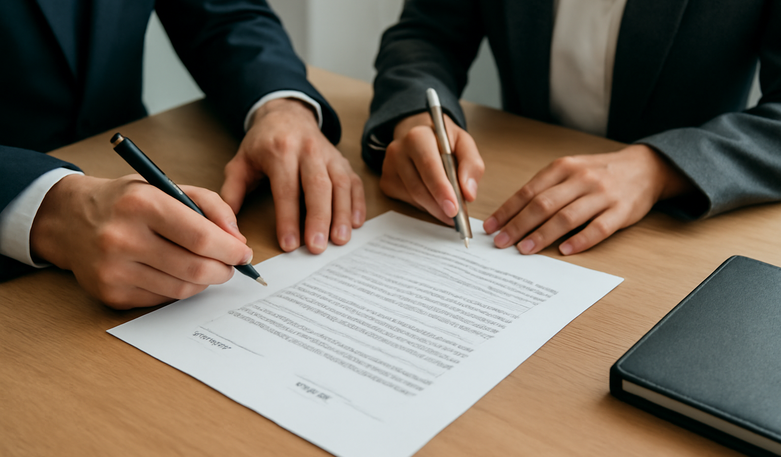 deux personnes signant contrat sur bureau