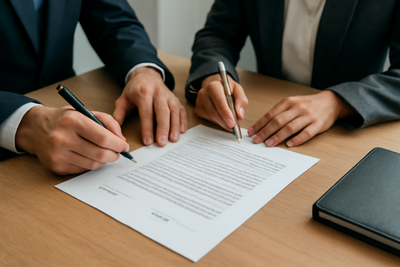 deux personnes signant contrat sur bureau