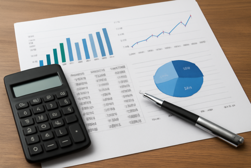 tableau financier avec graphiques et calculatrice