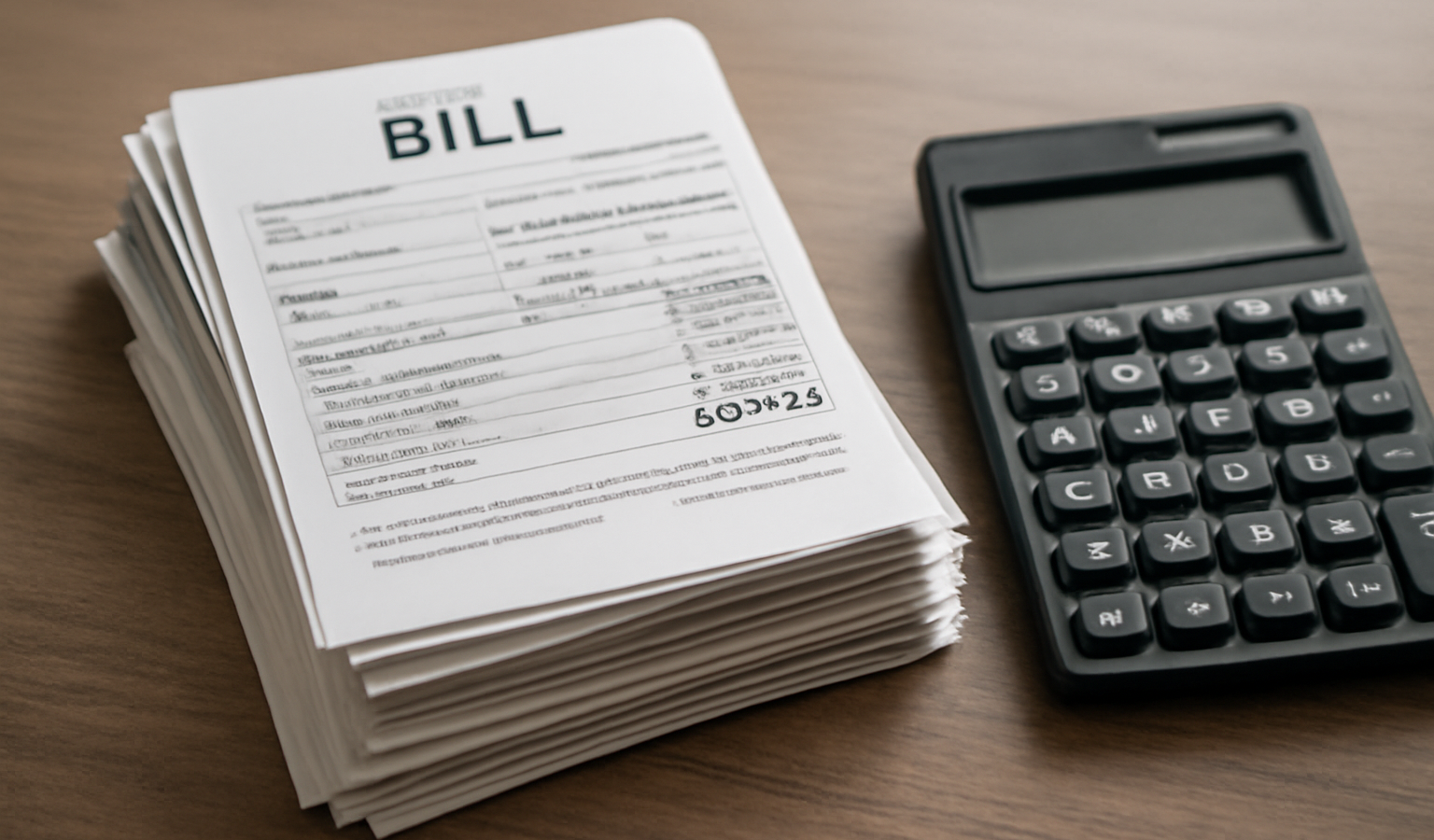 factures empilées à côté d'une calculatrice